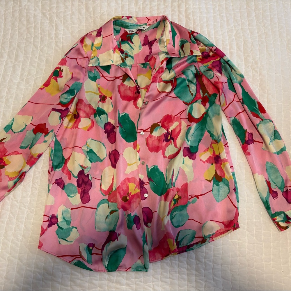 Zara Pink Floral Button-Down Shirt